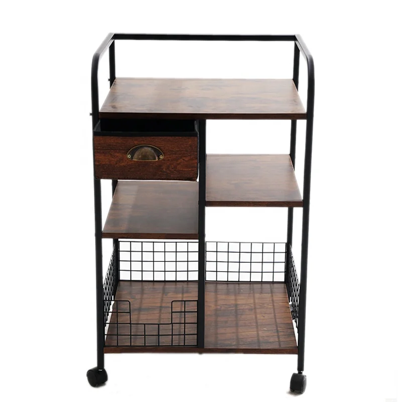 Modern Rustic Wood Kitchen Cart with Storage Drawer Mobile Coffee Table on Wheels Coffee Bar Station for Kitchen