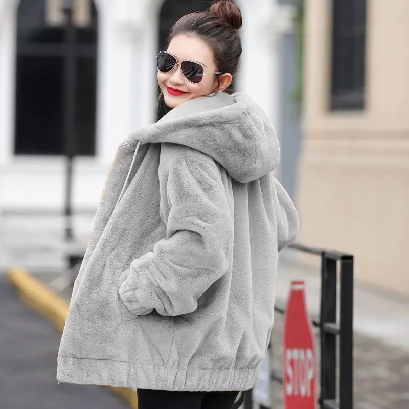 M-4xl Winter Plus Velvet Warm Hooded Imitation Rabbit Hair Coat Women Korean Loose Zipper Midi Faux Fur Coat Streetwear Jackets