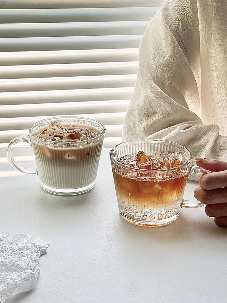 Ins Style Home Milk Latte Cup Vertical Pattern Heat Resistant Cup Transparent Glass Coffee Mug Cup With Handle For Breakfast