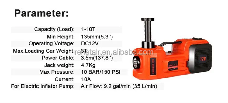 3 in 1 5ton Car Floor Jack Electric Hydraulic Car Jack 12V with Inflator Pump LED Light for Truck Tire Repair Tool