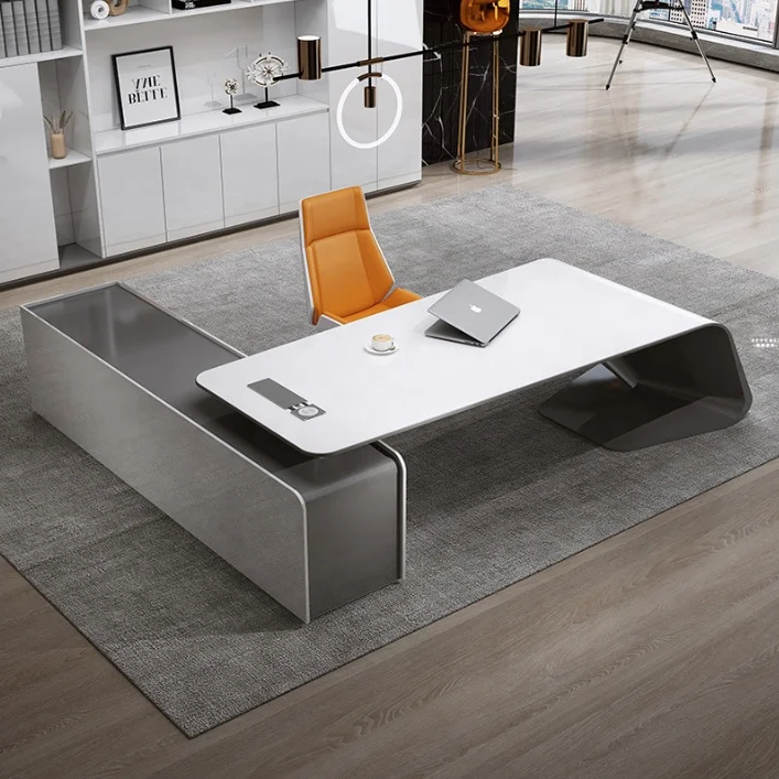 Luxury white MDF glossy CEO ergonomic corner modern high end home executive manager desk with side drawers l-shape office desk