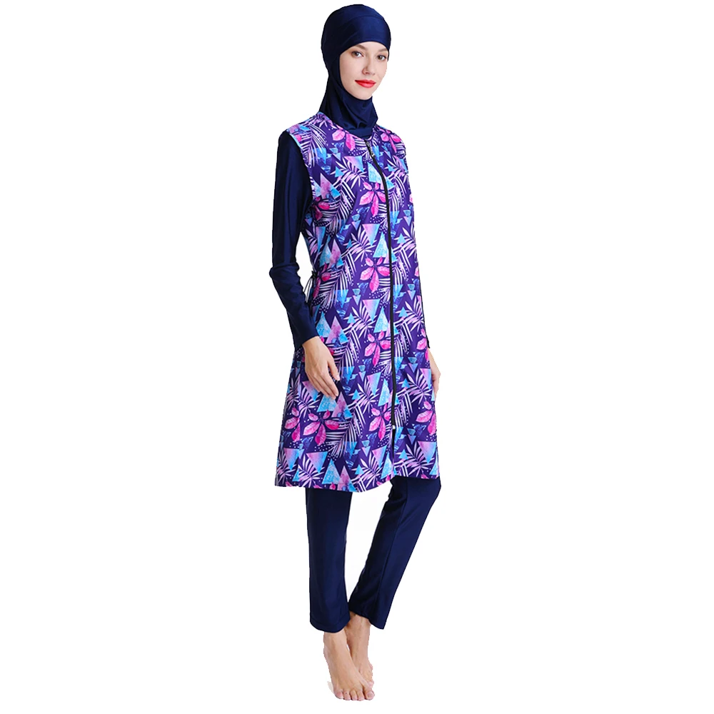 Stylish Modest Swimwear Set for Muslim Women New Patterned Burkini with Long Waterproof Robe
