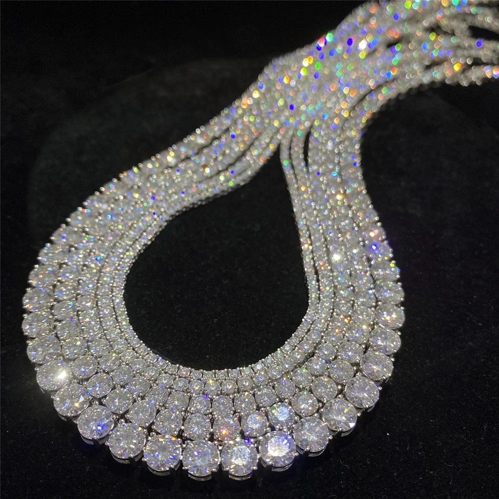 Round Cut Moissanite Diamond 2-6.5mm Hip Hop Jewelry Tennis Bracelet Iced Out 925 Sterling Silver VVS Moissanite Tennis Chain