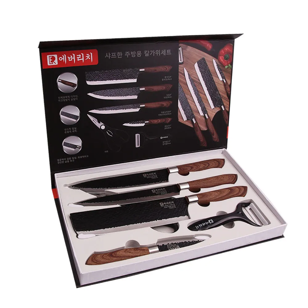 New Design 6pcs Stainless Steel Kitchen Knife Set With Wood Grain Coating Handle