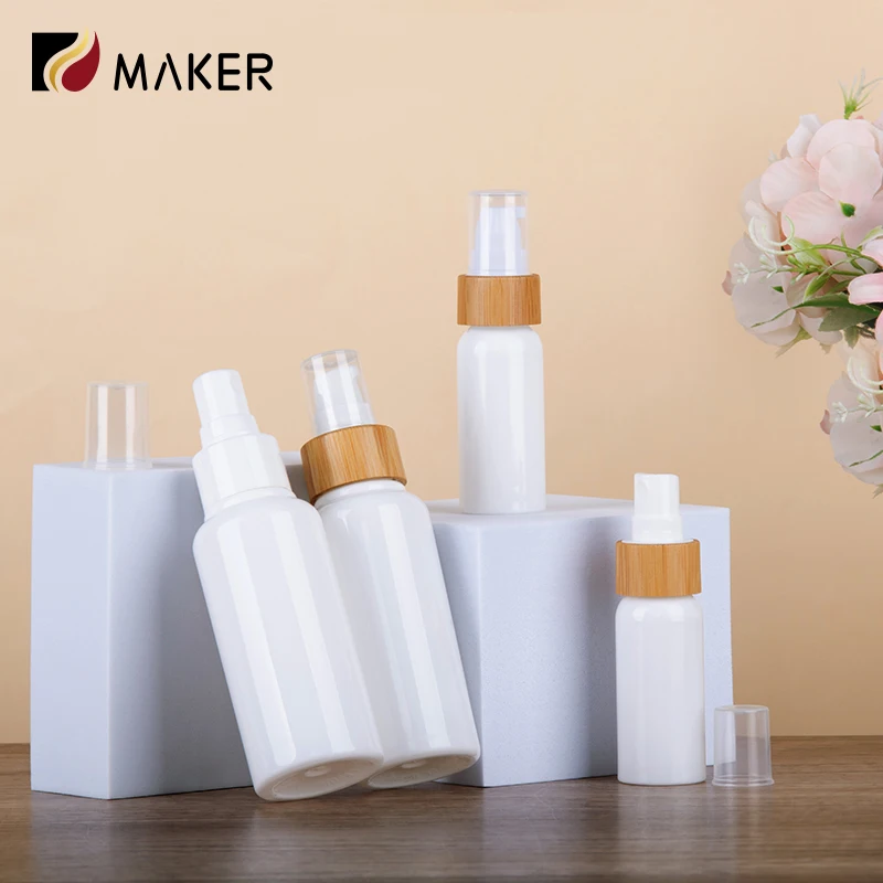 Bamboo Wood PET Plastic Pump Head Cosmetics Toner Emulsion Lotion Dispenser 50ml 60ml 100ml White Plastic Press Spray  Bottle