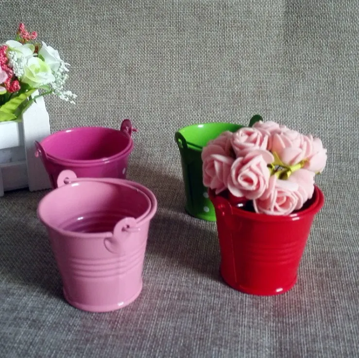Colorful Mini Garden Bucket Pail Wedding Decoration Candy Box Flower Planting Pot with Handle Iron Water Metal Bucket