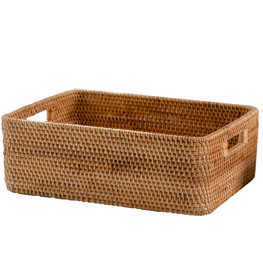 Hand-woven large rectangular rattan wardrobe drawers magazine storage basket with handle