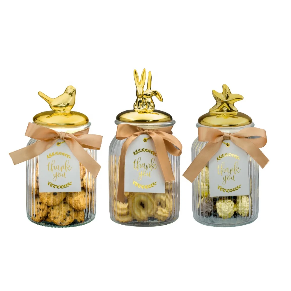Candy Glass Storage bottle with Animal Shaped Ceramic Lid Glass Candy Jar With Lid