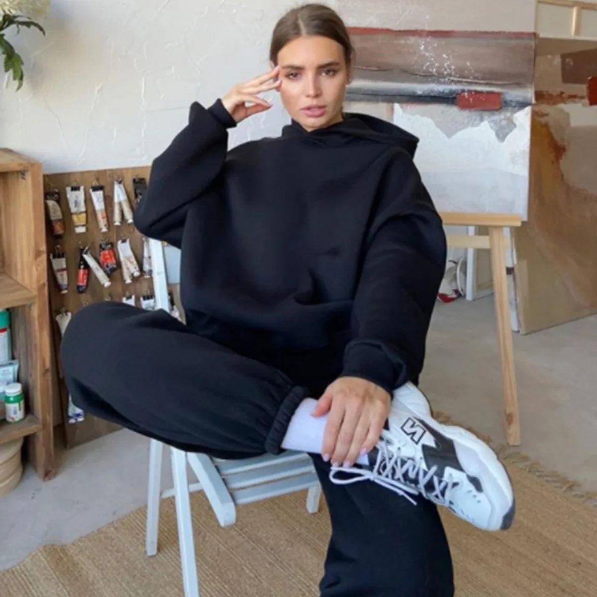 Women Putih Sweatshirt Pant Hoodie Fabric Sweatpants And Hoodie Set 2 Piece Set Hoodie