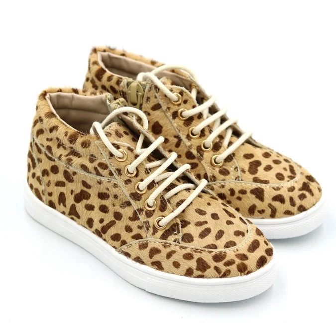 High Fashion Side Zipper Mo-hair Leather With Leopard Printing Charact Kid Sneaker