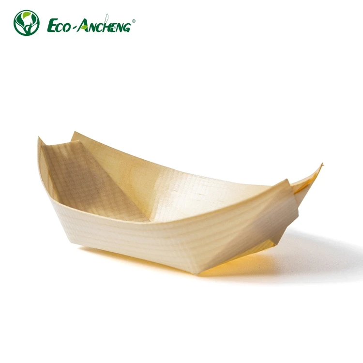 Cheap Custom Printed Food Grade Wooden Boat Wood Boat Tray Sushi Serving Boat Plate For Fast Food Chips