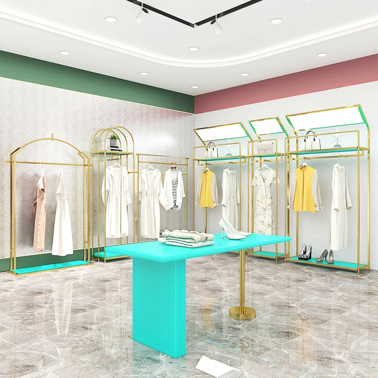 Clothing Store Display Stand Decoration Boutique Clothes Racks Metal Stainless Steel Mirror Gold Clothing Rack with LED Light