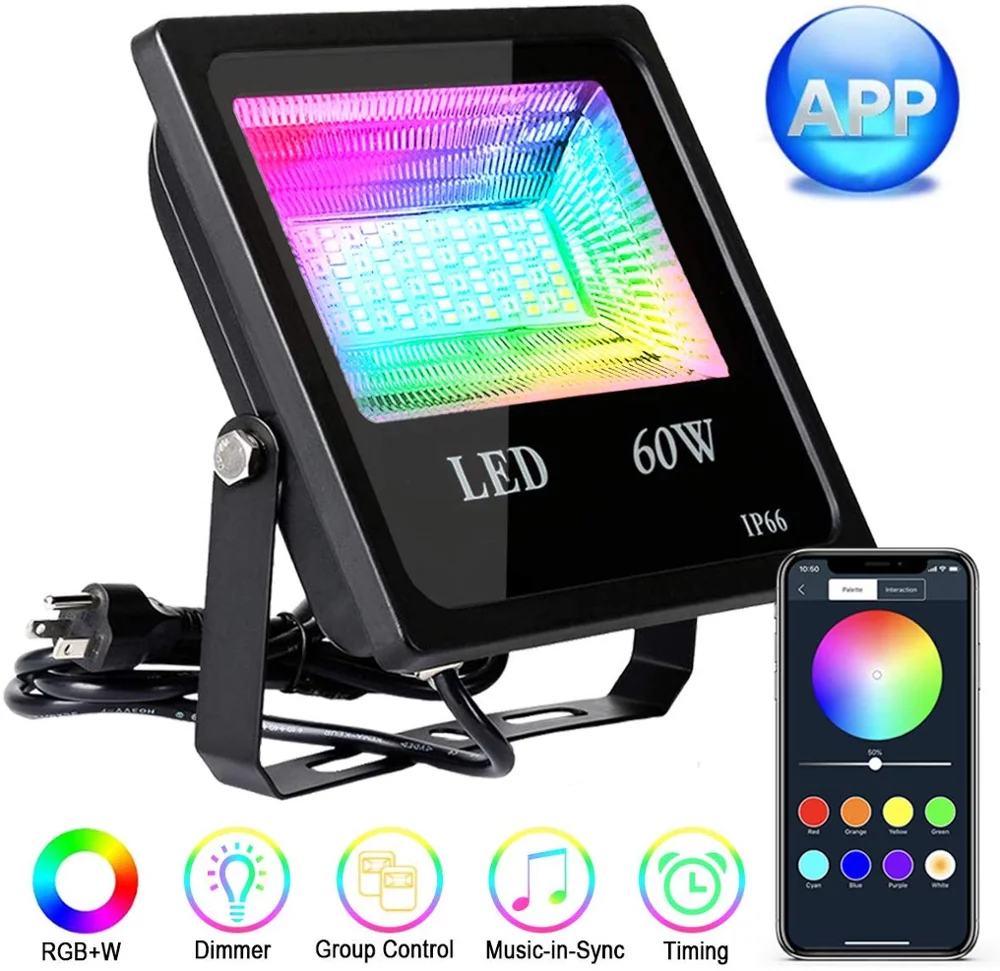 
60W RGBW Flood Light with APP Remote Control, IP66 Waterproof Dimmable Outdoor Color Changing Floodlight for home 