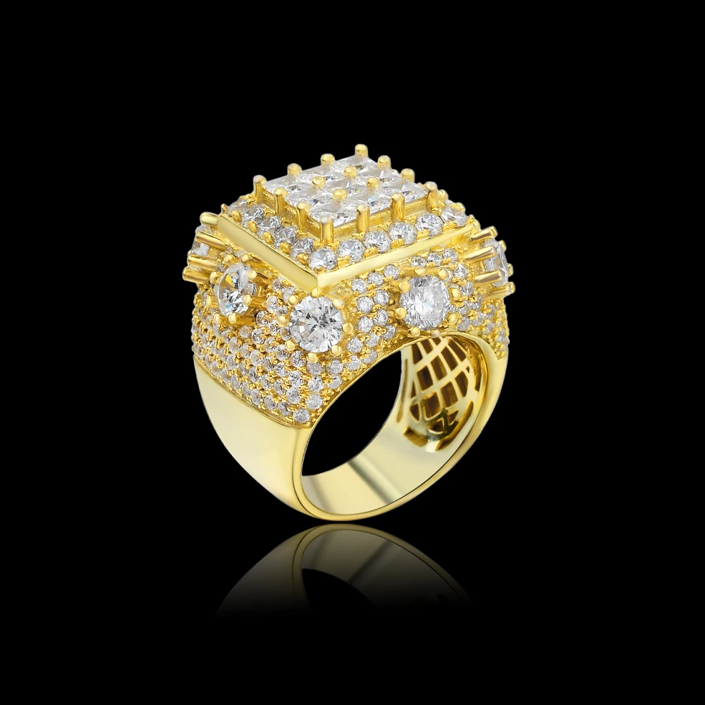 Hip Hop micro pave iced out baguette stone brass gold plated designs ring for men