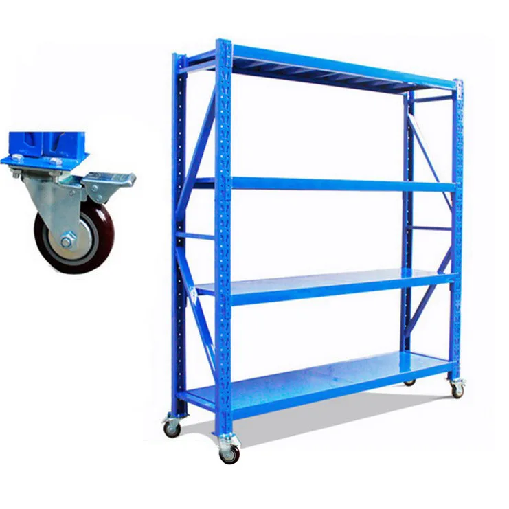 Light Heavy Duty 4 Layer with wheel Level Boltless Garage Shelves Black  Iron Steel Metal Warehouse Storage Racks Unit