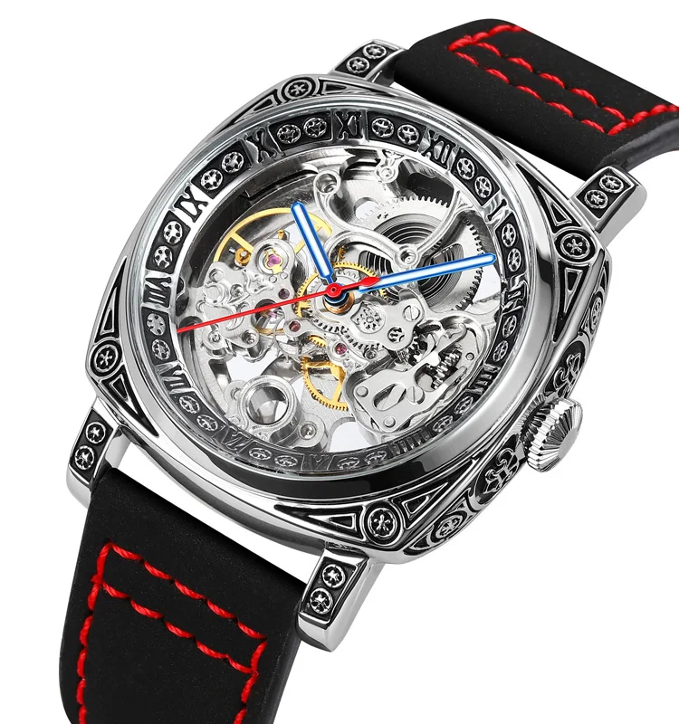 Vintage skeleton automatic male wristwatch leather mechanical wrist watch for men luxury brand SKMEI 9271