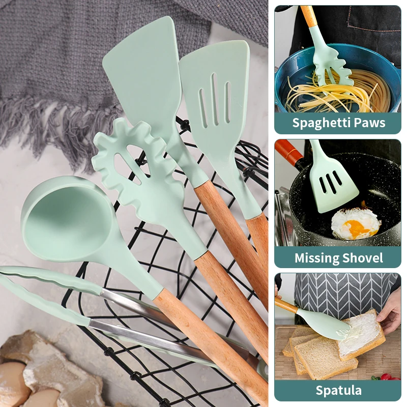 12 Pcs Heat Resistant Stand Accessories Silicone Wood Cooking Kitchen Utensil Set 11pcs With Kitchen Knifes For Camping Cooking