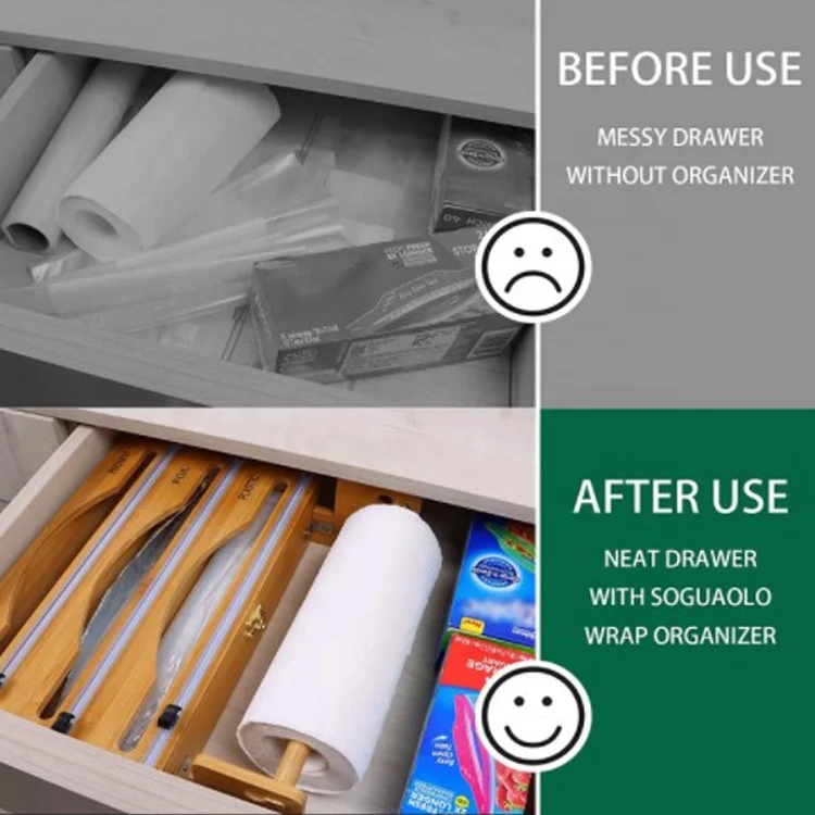 4 in 1 Wrap Dispenser with Cutter and Labels Wall-Mount Bamboo Roll Organizer Holder for Kitchen Drawer