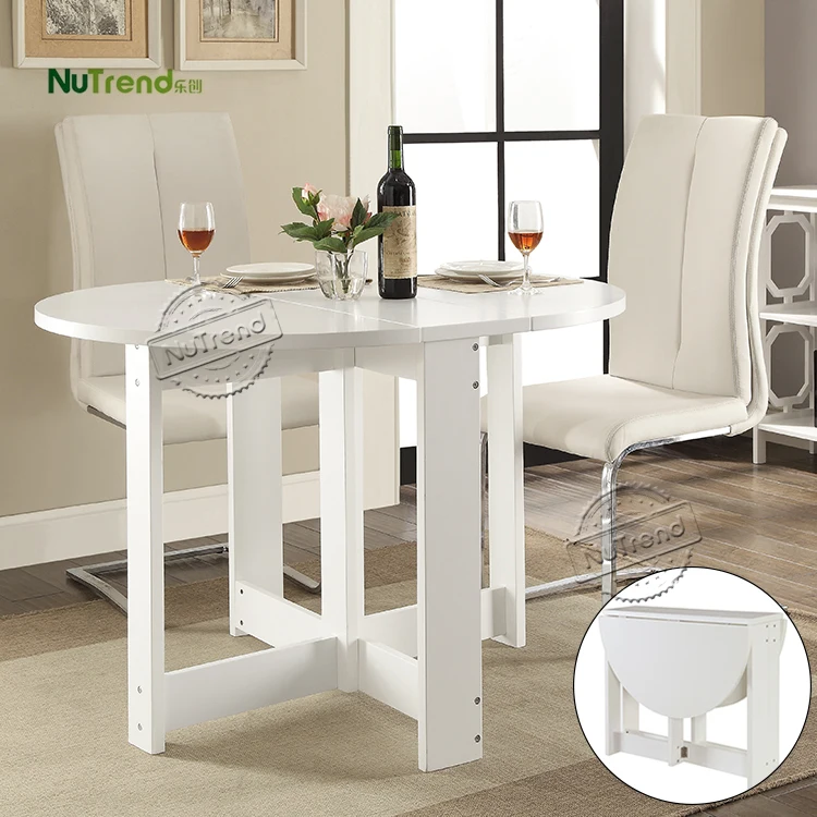 Household Wholesale White Modern Space Saving Round Kitchen Foldable Wooden Folding Dining Room Extendable Table