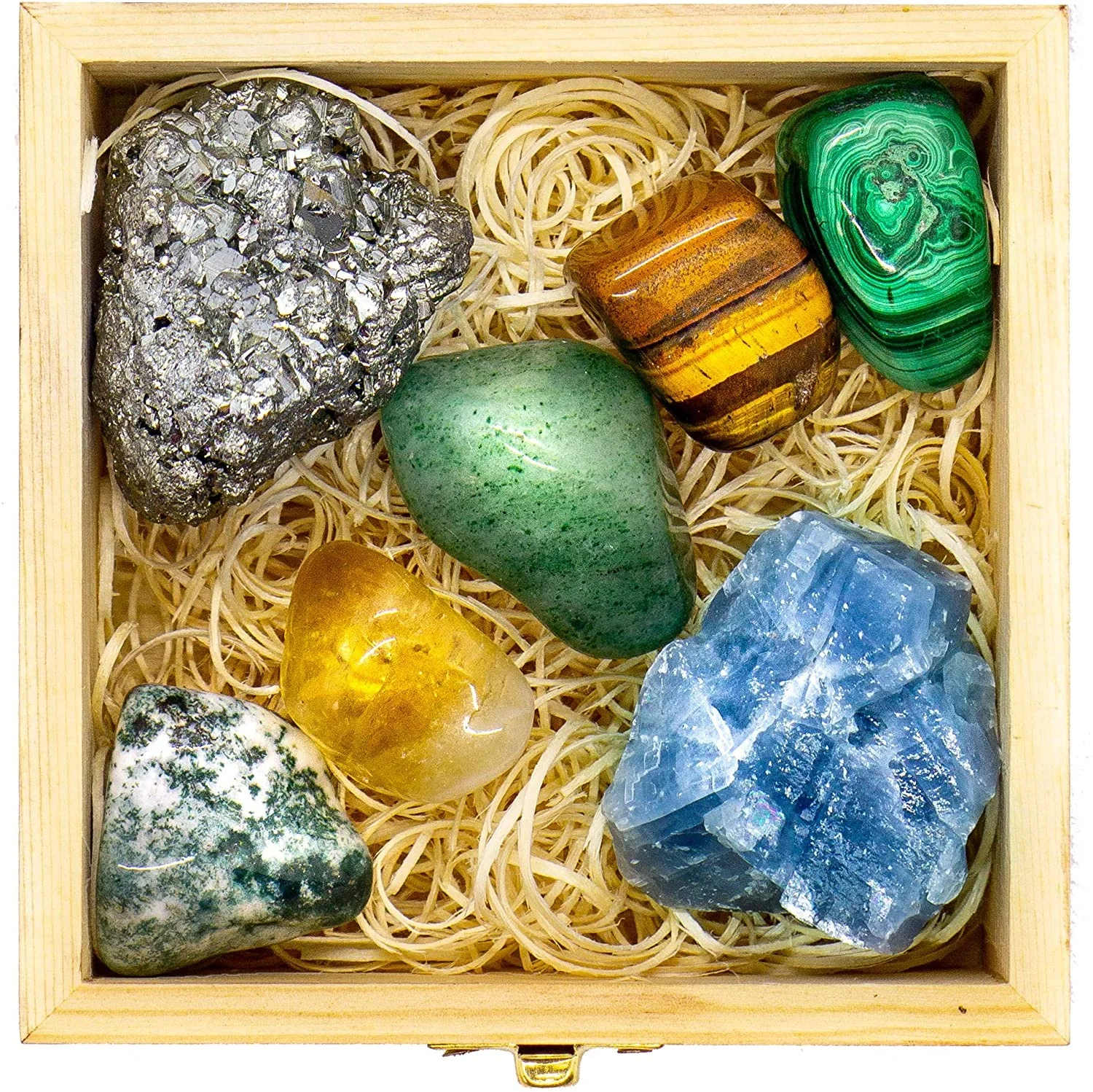 2022 Crystalya Premium Grade Crystals and Healing Stones for Abundance and Prosperity in Wooden Box Malachite Pyrite, Citrine