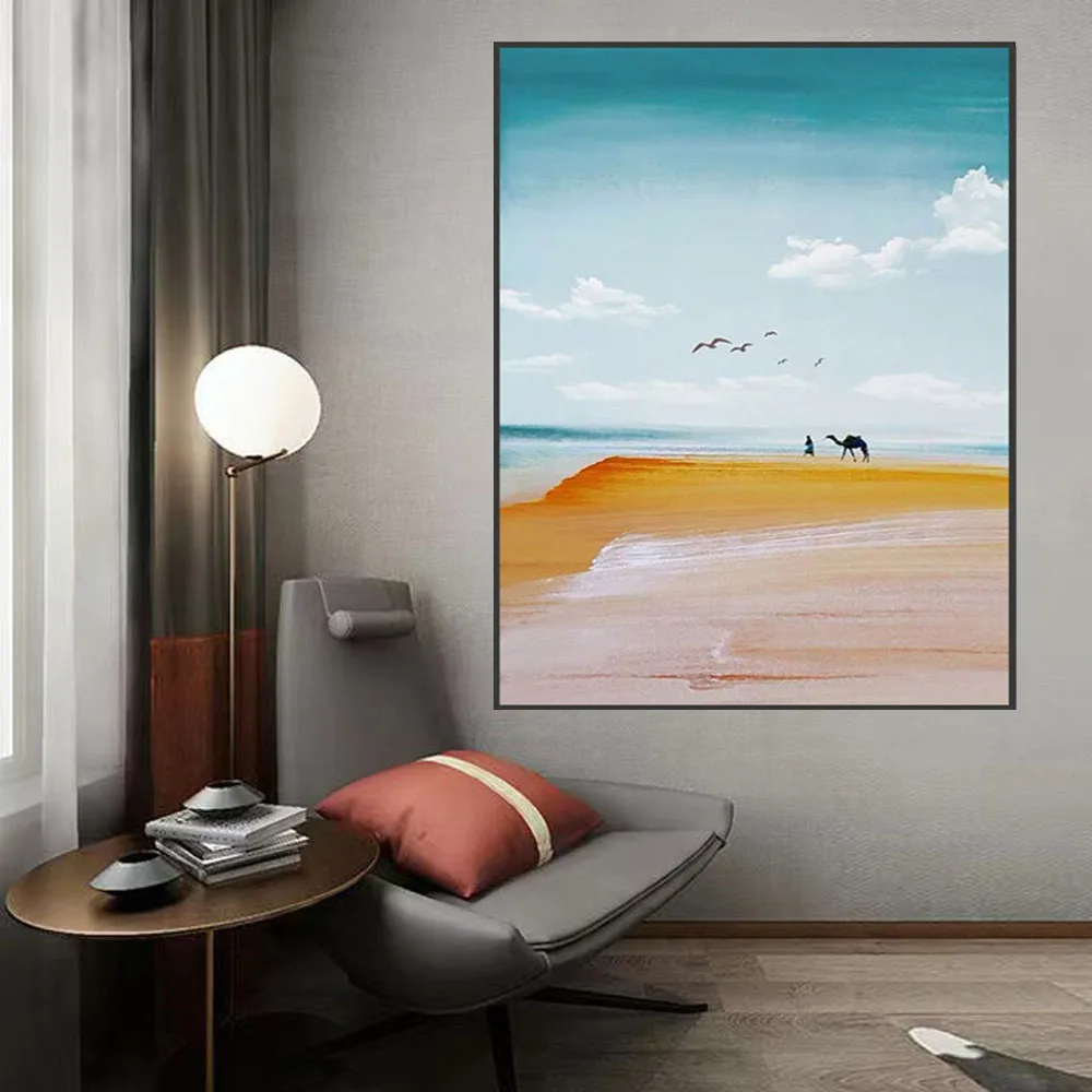 100% Hand painted living room decoration desert landscape blue sky sea camel seagull oil painting canvas wall art landscapes