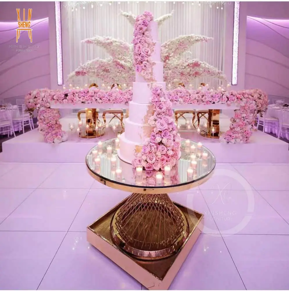 Luxury stainless steel round glass gold cake table