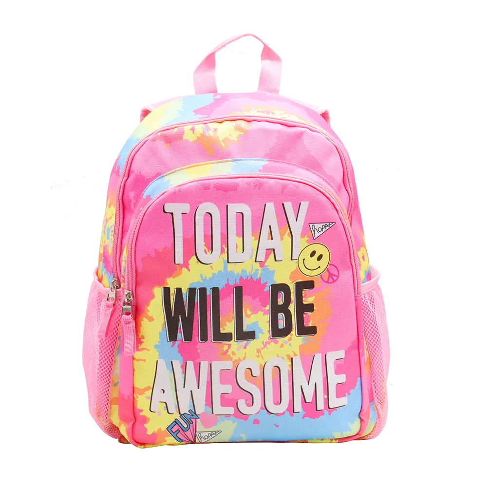 RTS Student Backpack with Smiling Face Tie-Dye and Animal Print Polyester Material Fashion Letter Printing for Kids School Use