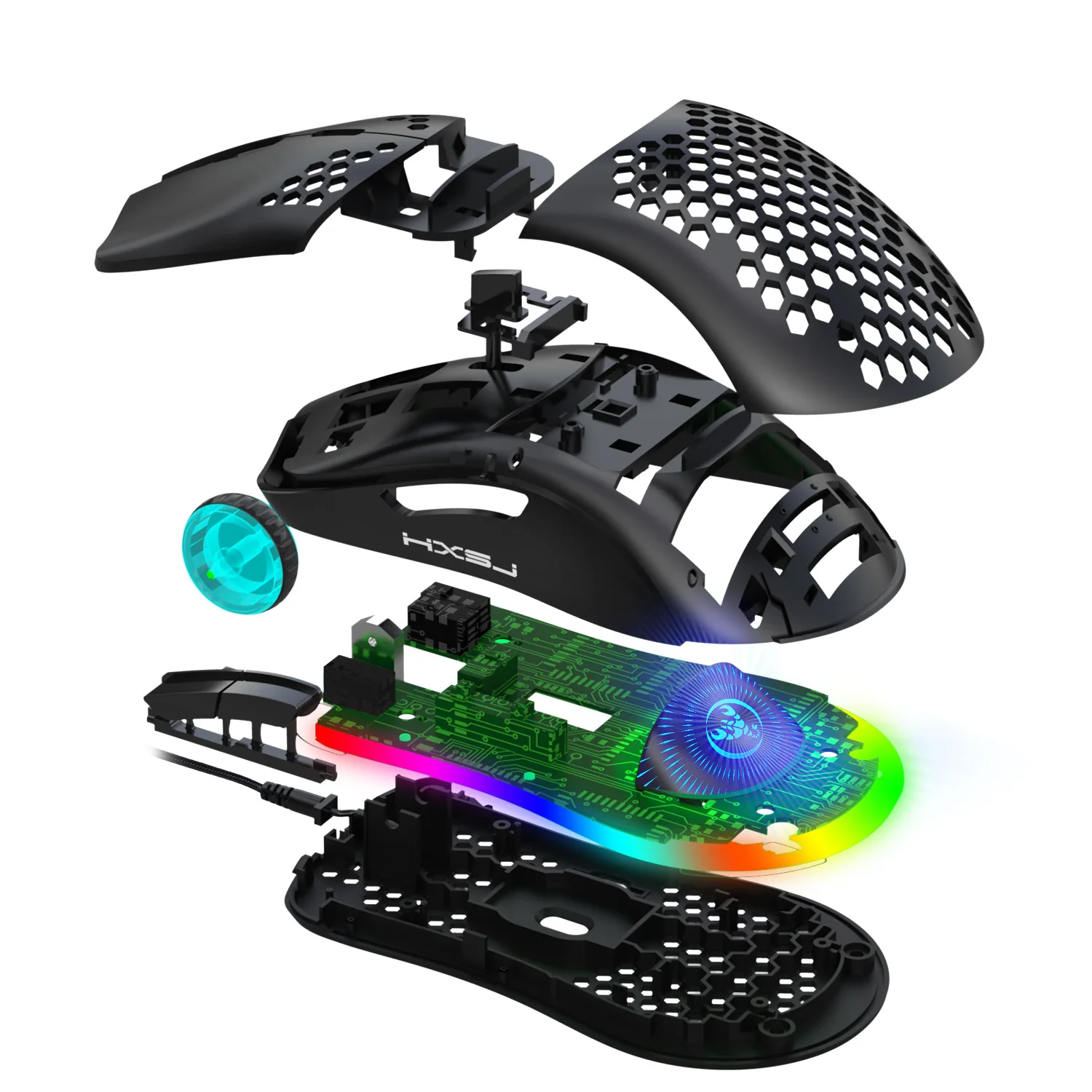  Проводная игровая мышь HXSJ J900 с подсветкой RGB геймерские мыши шестью регулируемыми точек на дюйм полая эргономичной конструкцией в виде