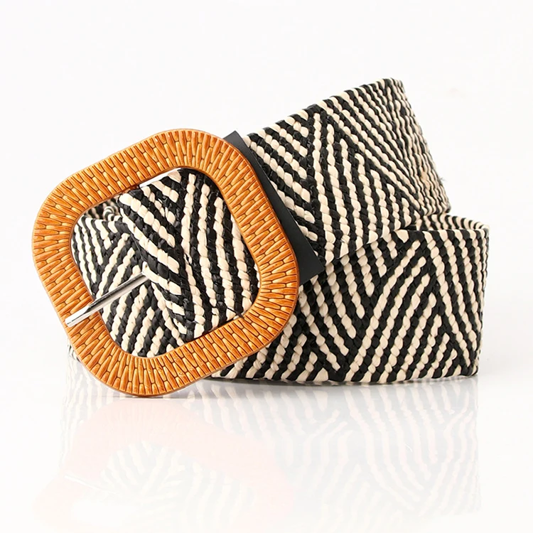 2022 New Wide Decorate Waistband Fashion Square Buckle PP Straw Women Woven Belt