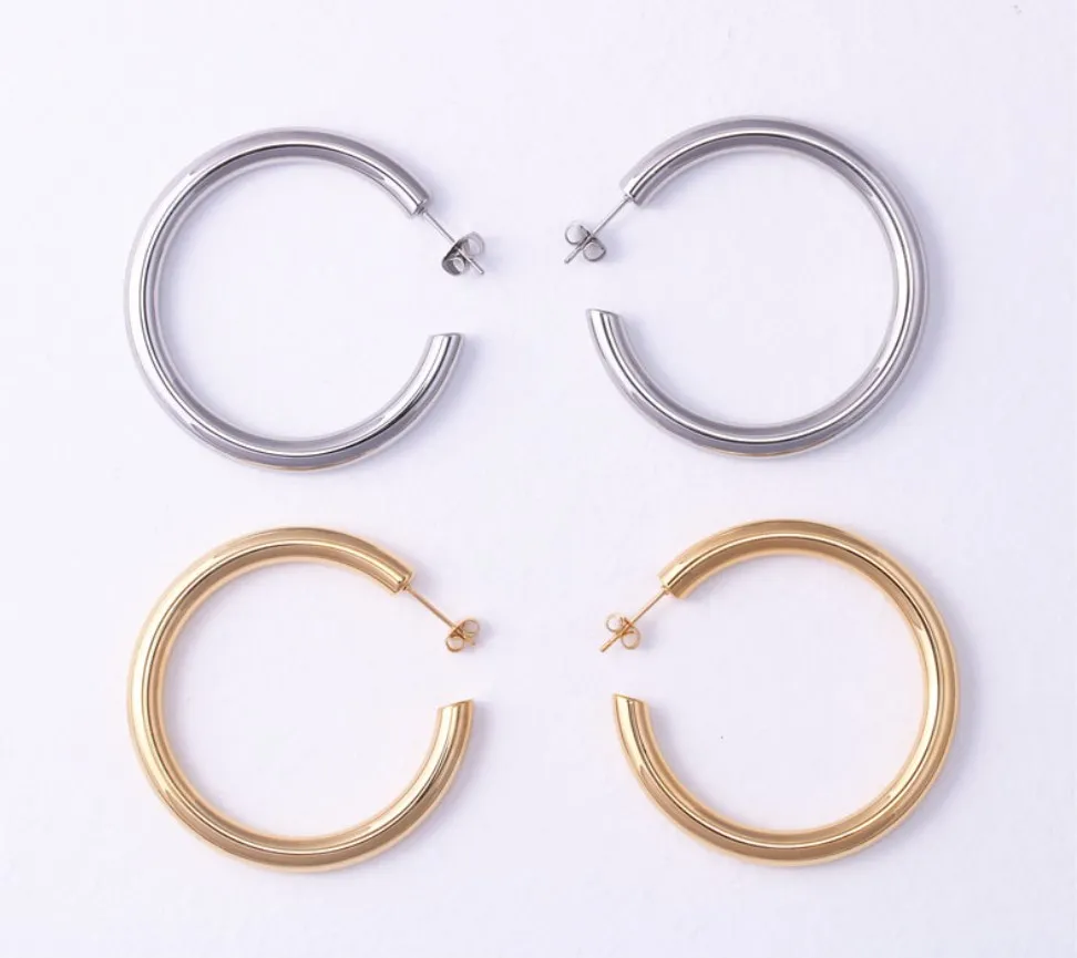 Wholesale Non Tarnish 18k Gold Plated Stainless Steel Big Circle 5MM Thick Hollow Hoop Earing For Women Anniversary