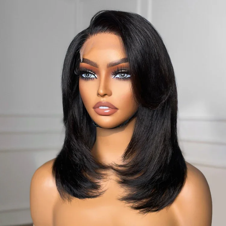 Trendy Layered Cut Glueless 4x4 Closure Wig with Side-swept Bangs 100% Human Hair Pre-plucked Glueless 5x5 Closure Lace Wig