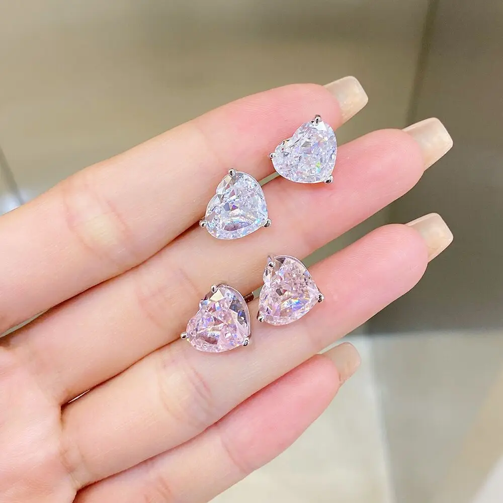 Fashion Diamond 925 Sterling Silver Stud Earrings S925 Silver Sparkling Crushed Ice Cut Zircon Pink Heart Earrings For Women