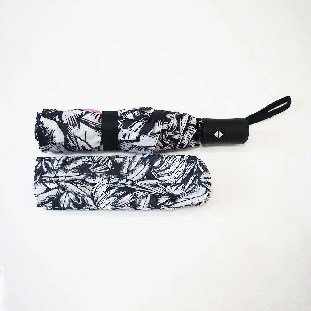 Hot Sale Custom Logo Word Leaves Digital Printing Rubber Automatic Handle Parasol Double Fiberglass 3 Folding Umbrella