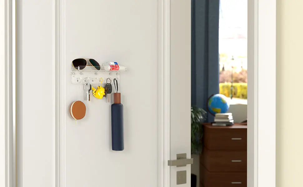 Magnetic Clear Acrylic Wall Hanging Key Rack Holder Shelf with 6 Hooks