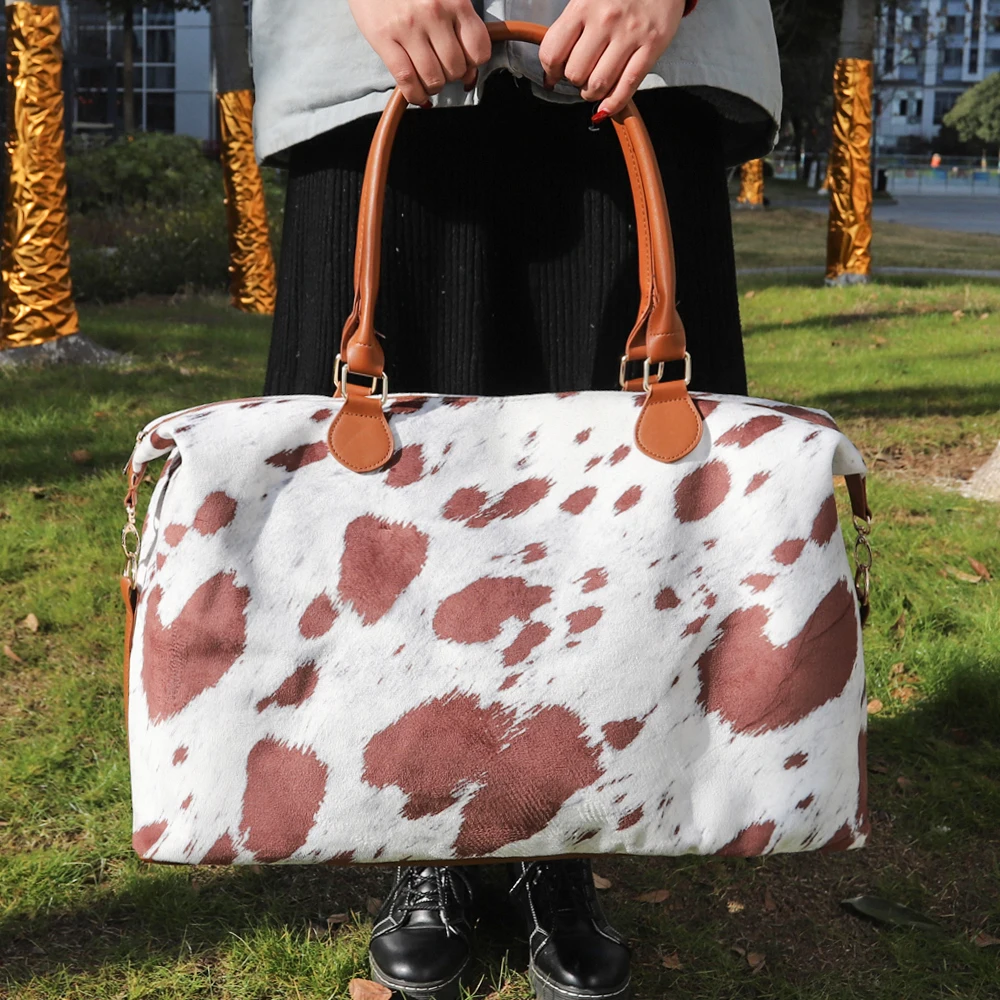 Коричневая Женская дорожная сумка из коровьей кожи на выходные дни большая Холщовая Сумка-тоут одногранная для