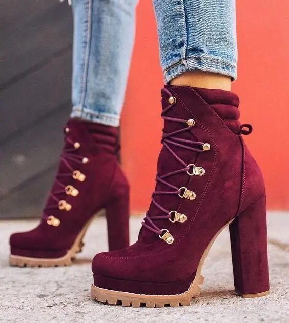 XZ-010 Latest hot selling fashion ladies chunky high heel lace up ankle boots with platform suede leather fall winter boots