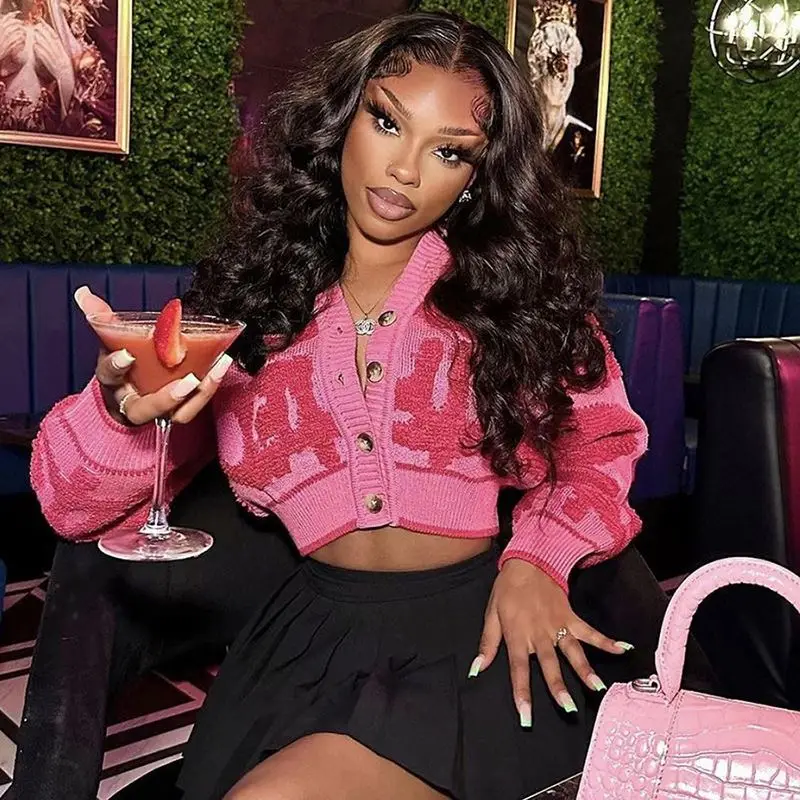 2023 Custom Women Sweater Long Sleeve Knit Women Clothes Pink Patchwork Colors Knitted Cropped Cardigan Sweater Women