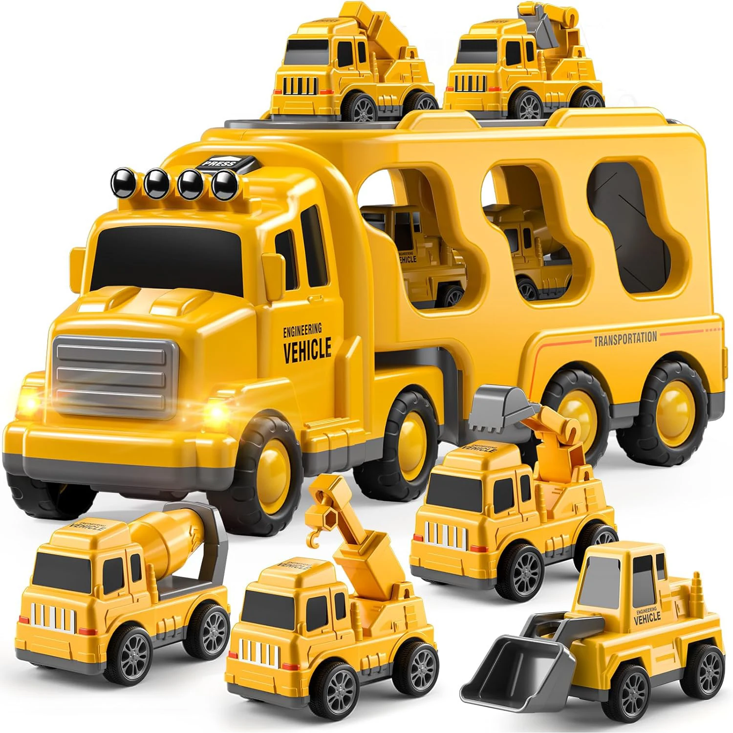 5 In 1 Pull Back Engineer Friction Toy Car Vehicles Transport Carrier Construction Truck Kids Girls Boys Toy