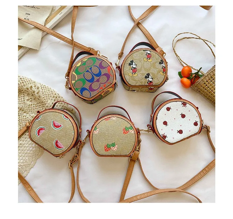 Vintage Cute Kids Cartoon Pattern Jaquard Pu Shoulder Bag Waterproof Mini Cylinder Children Purse travel messenger bag Crossbody