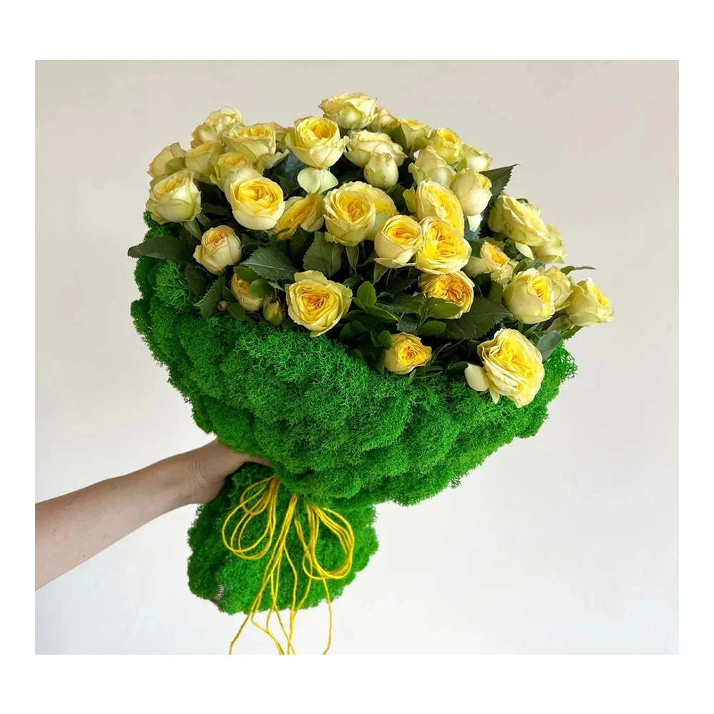 Premium quality flower package decorated with natural moss/ Luxury green eco-leather package for flower bouquet