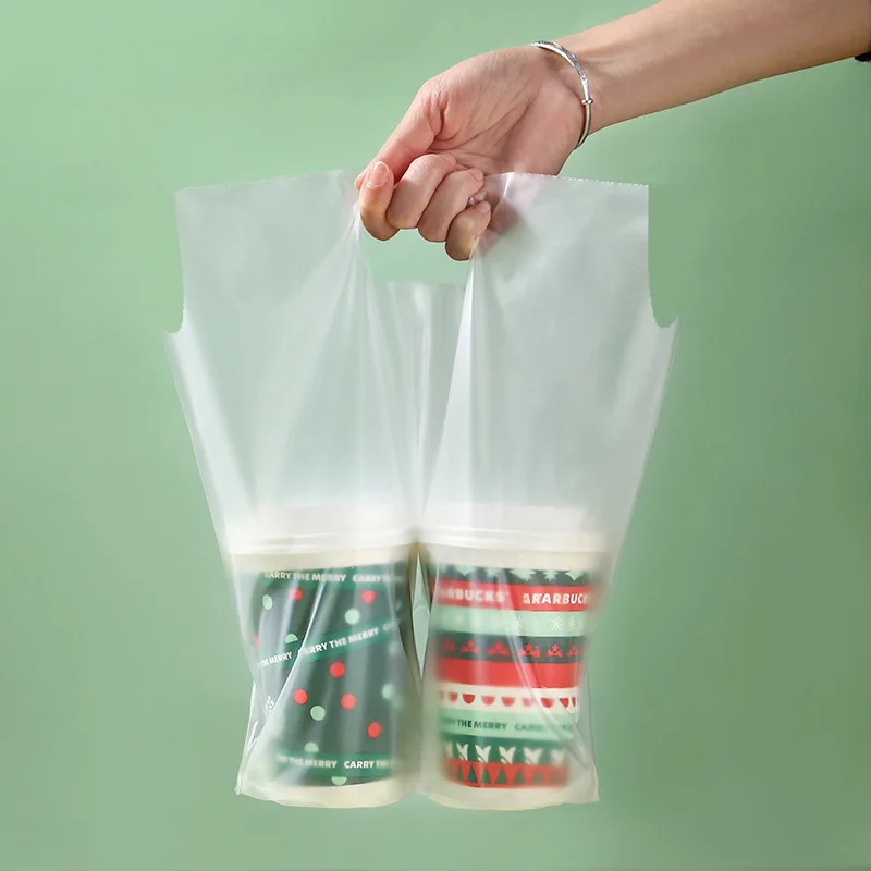 Custom Logo Takeaway Food Plastic Recyclable Boba Tea Bag Transparent Coffee Tea Cup Holder Bags