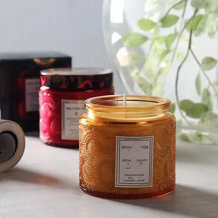 2023 New Unique Mini Recycle Color Embossed Pattern Glass Jar Candle For Home Decoration