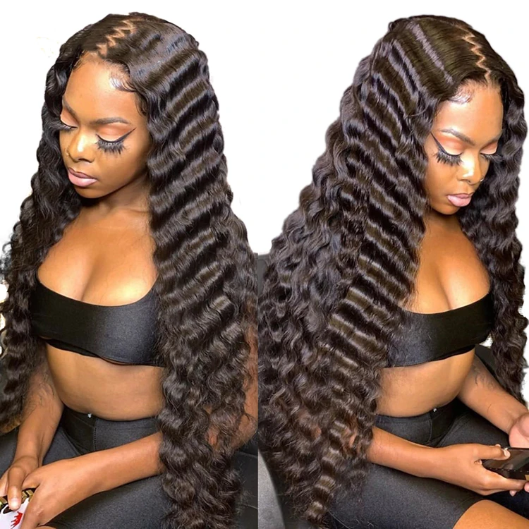 Swiss Lace Deep Wave Remy Brazilian Human Hair Natural Color Pre Plucked Lace Front Wigs