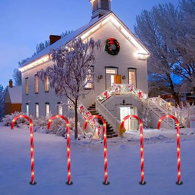 5 in 1 Christmas Candy Cane Pathway Markers, 37cm Xmas Candy Cane Stake Lights Outdoor for Walkway Garden Lawn Holiday Decor
