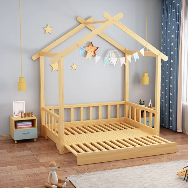 Floor Bed  Daybed for Kids with Trundle Bed House Shape Wooden Bed Frame Bedroom Furniture