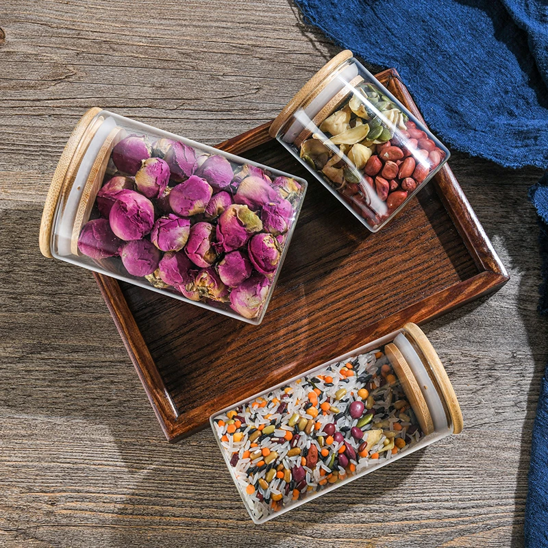 Glass Food Canisters with Bamboo Air-tight Lids Jars for Herbs Spices Sugar Coffee Tea Nuts Grains Flour Pasta Food Containers