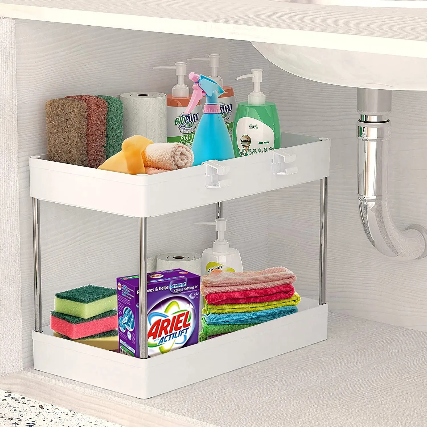  2 Tiers plastic Bathroom Kitchen Collection Basket cabinet Under Sink Shelf Organizer Rack Storage bathroom under sink