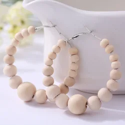 Bohemian Jewelry African Women Wooden Beads Earrings Big Beaded Hoop Earrings Handmade White Wood Earrings