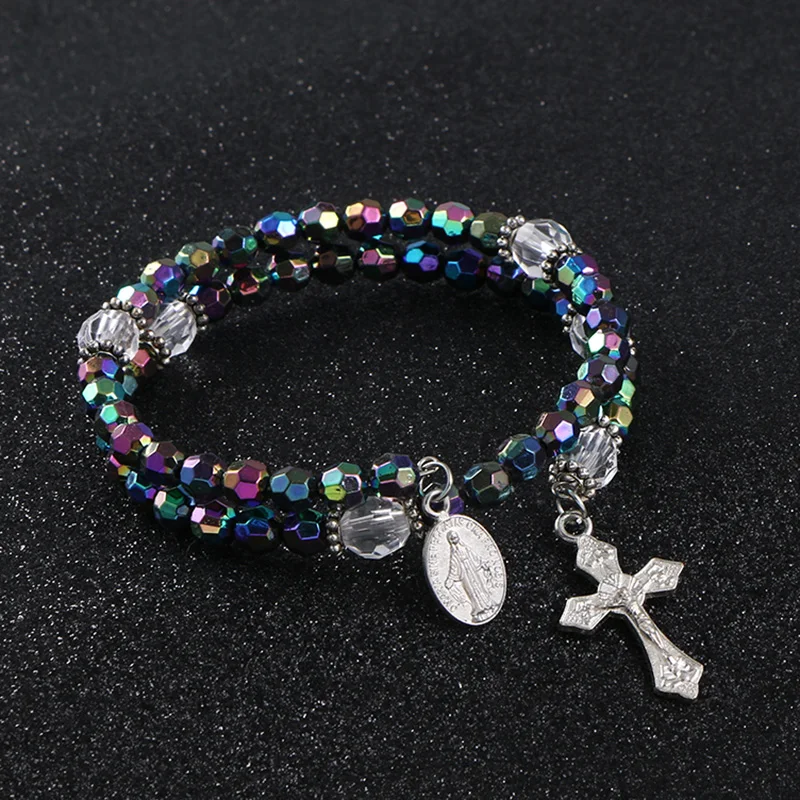 KOMi 6mm Acrylic Colorful Beads Cross Pendant Bracelet Jesus Religious Catholic Charm Rosary bracelet Jewelry Gift R-181