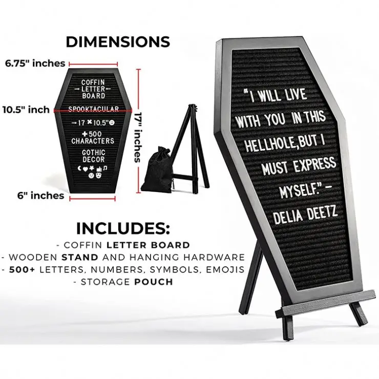 Creepy black coffin shape halloween decoration wooden black felt letter board